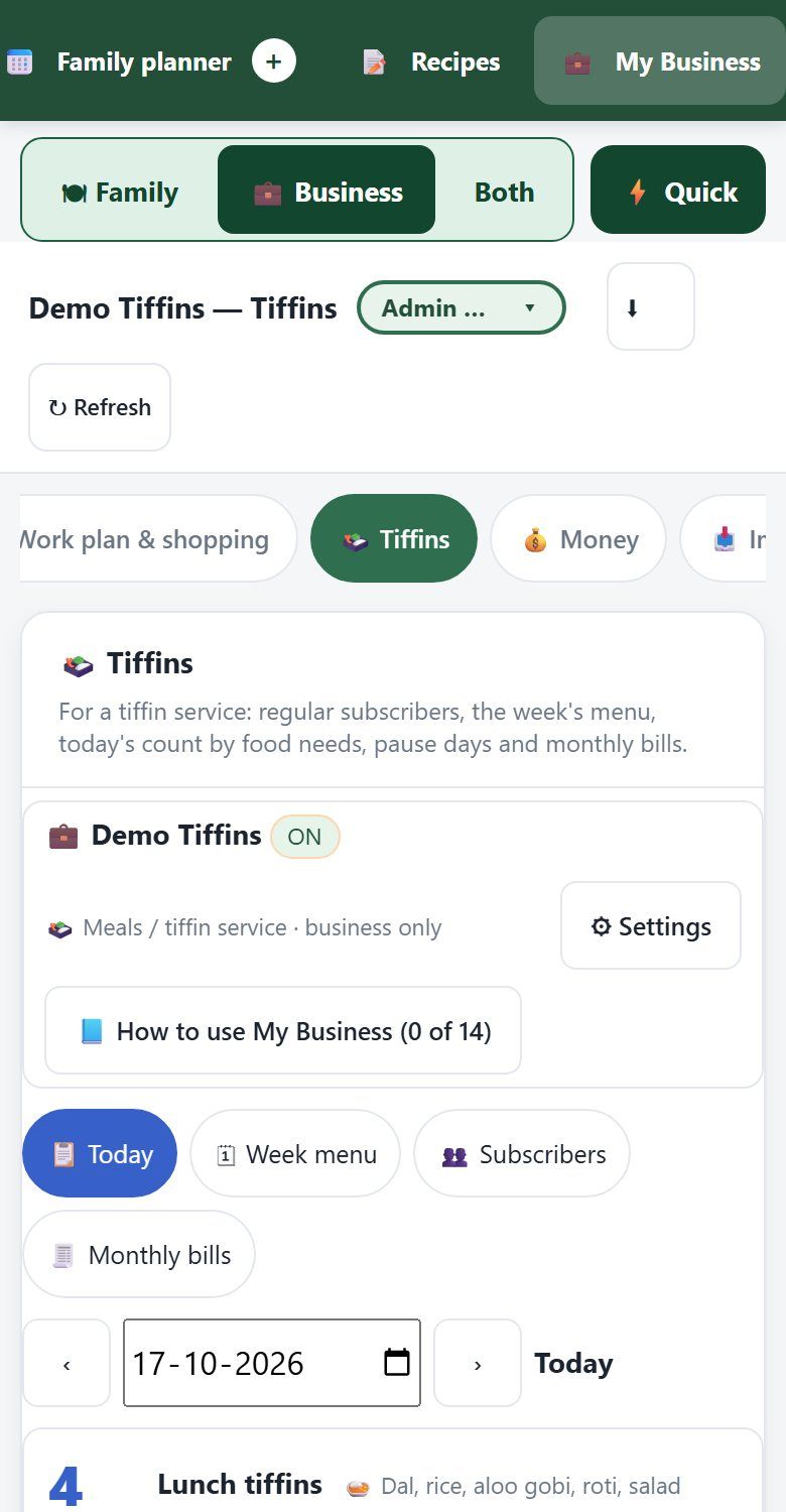 ClanBite tiffin service daily order record on a phone