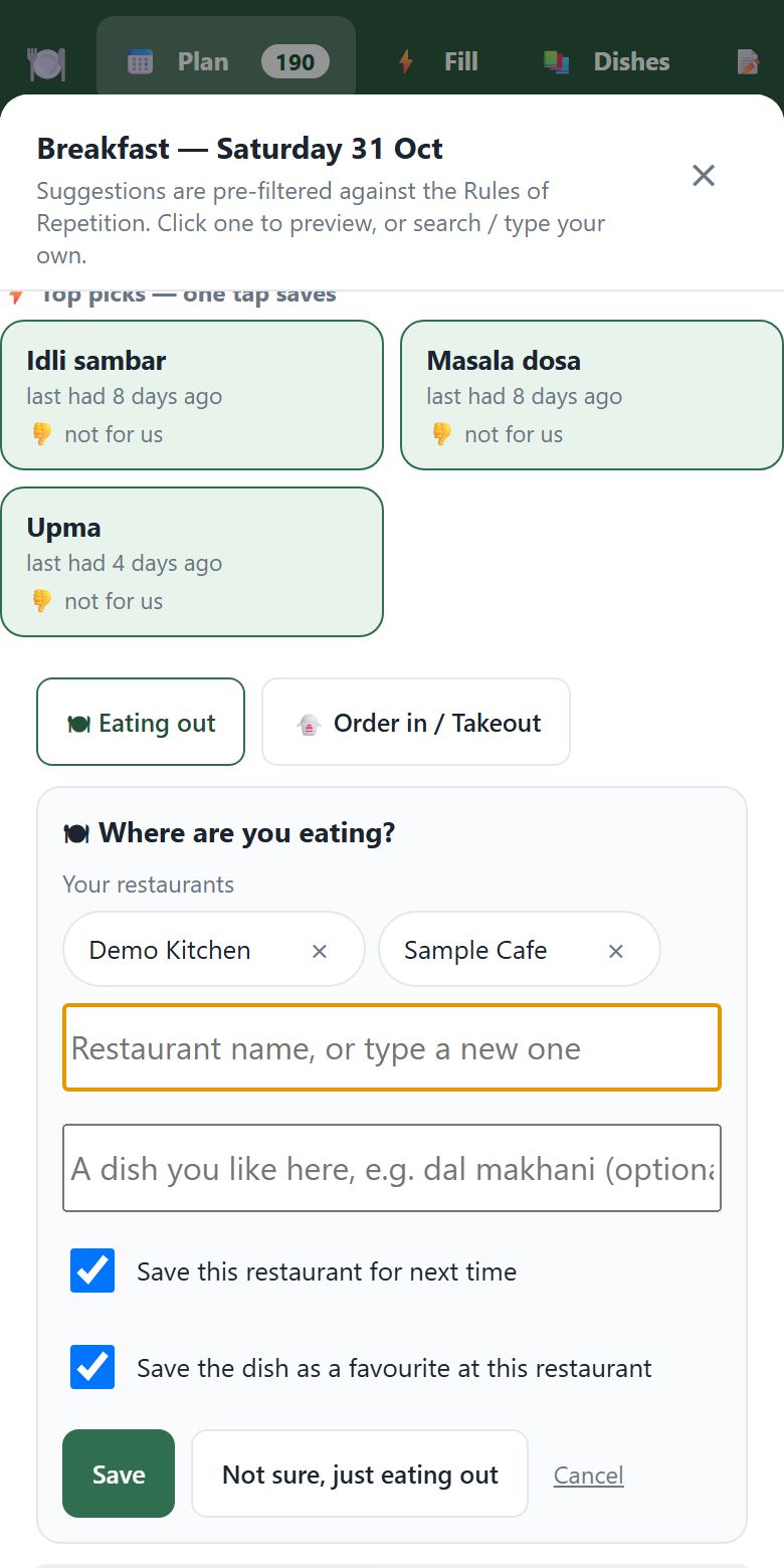 ClanBite asking which restaurant for an eating out meal
