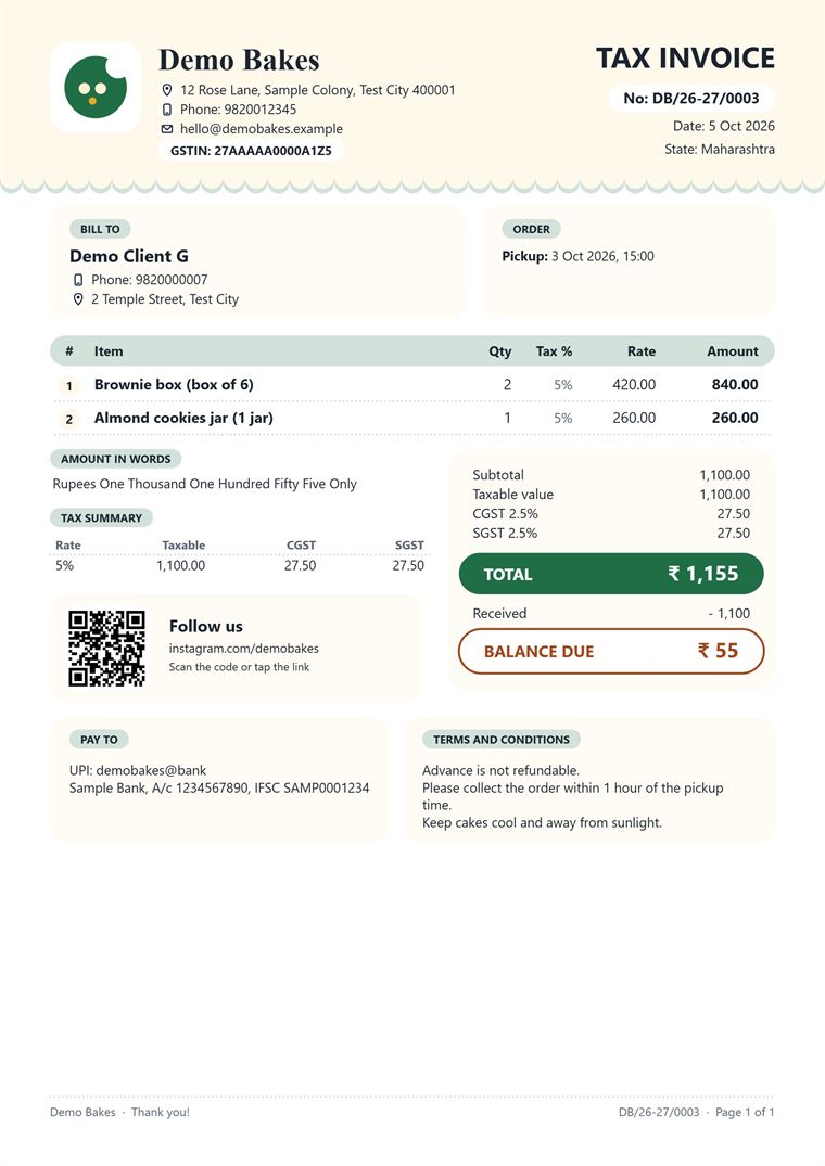 A ClanBite bill for a home bakery with items, GST and total